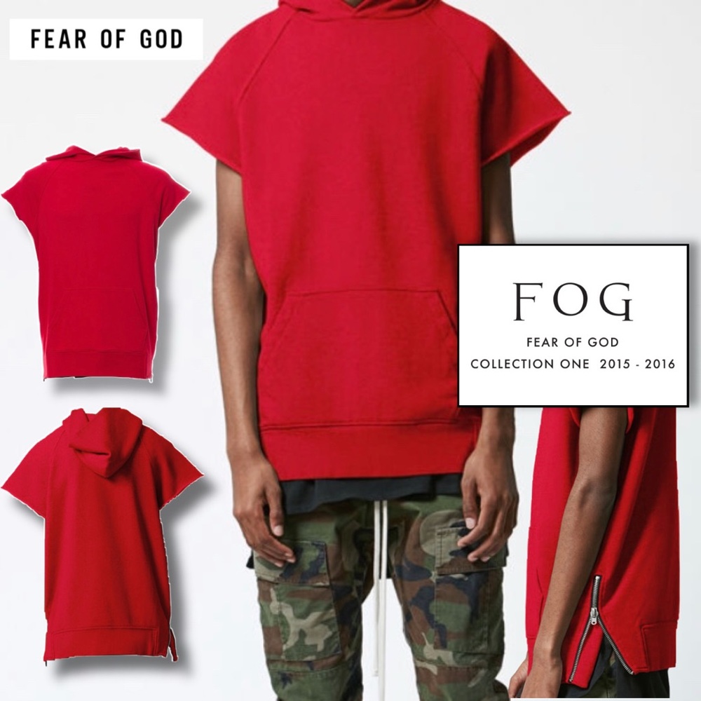 Fear of God FOG red cutoff sleeveless hoodie